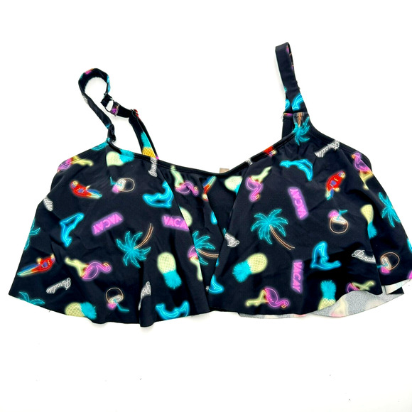 TORRID Women Large Black Neon Light Flamingo Dolphin Tropical Flounce Bikini Top - Picture 3 of 10